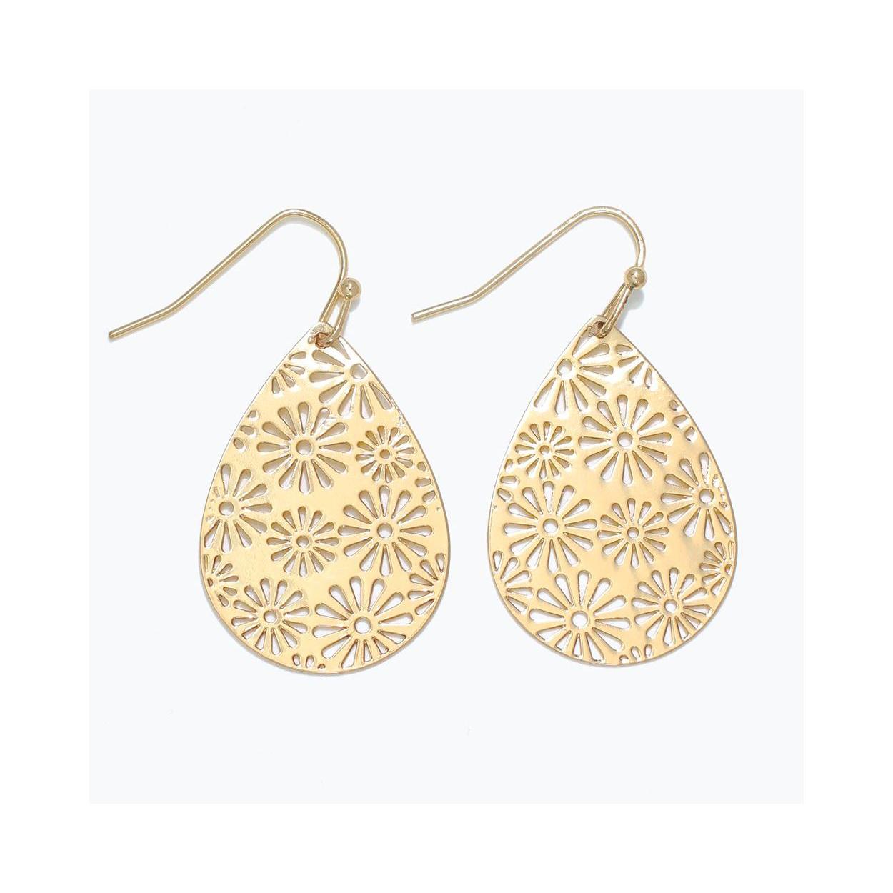 Gold Floral Cutout Teardrop Dangle Earrings