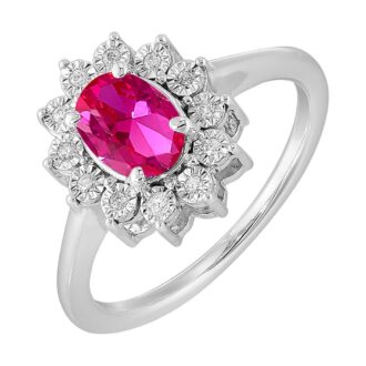 Oval Created Ruby Halo Ring 1/20ctw Diamonds in 925 Silver