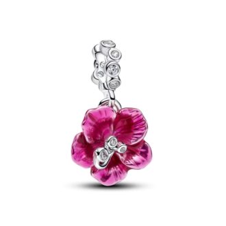Pandora Silver Pink Enamel Hibiscus Flower Dangle Charm