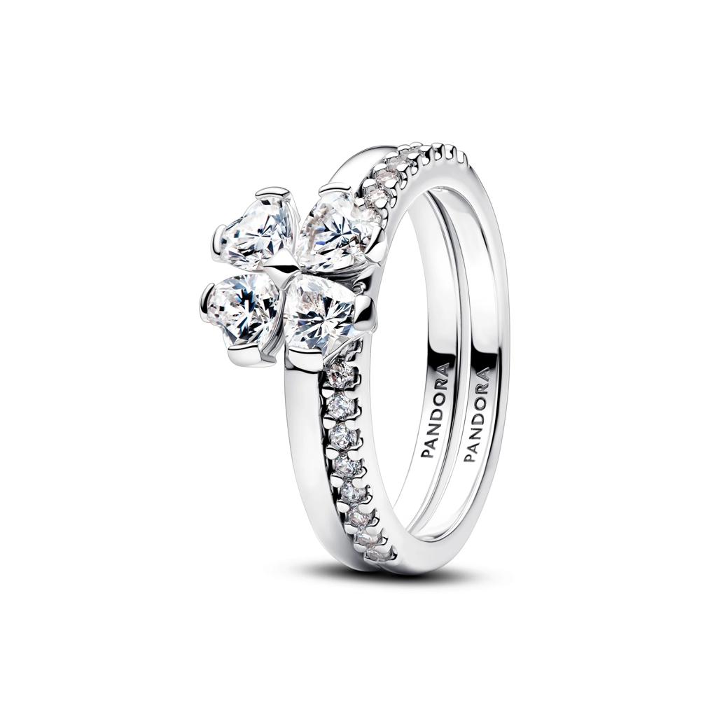 Pandora Sterling Silver Clover Splittable CZ Ring Size 54