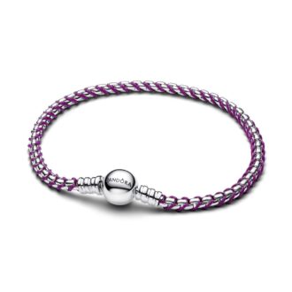 Pandora Sterling Silver Box Chain Bracelet Purple Cord 19cm