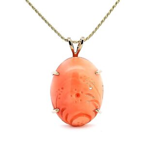 14K Yellow Gold Oval Pink Coral Drop Pendant