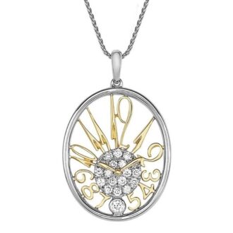 14k Two-Tone Clock Pendant w/Chain, .27ctw Lab Diamonds