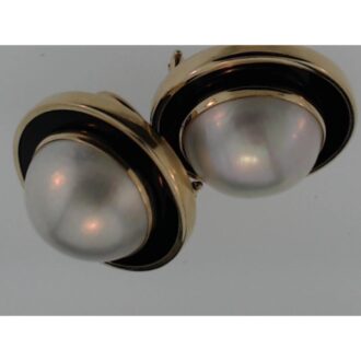 Pre-Owned 14K Gold 15mm Mabe Pearl & Onyx Omega Earrings