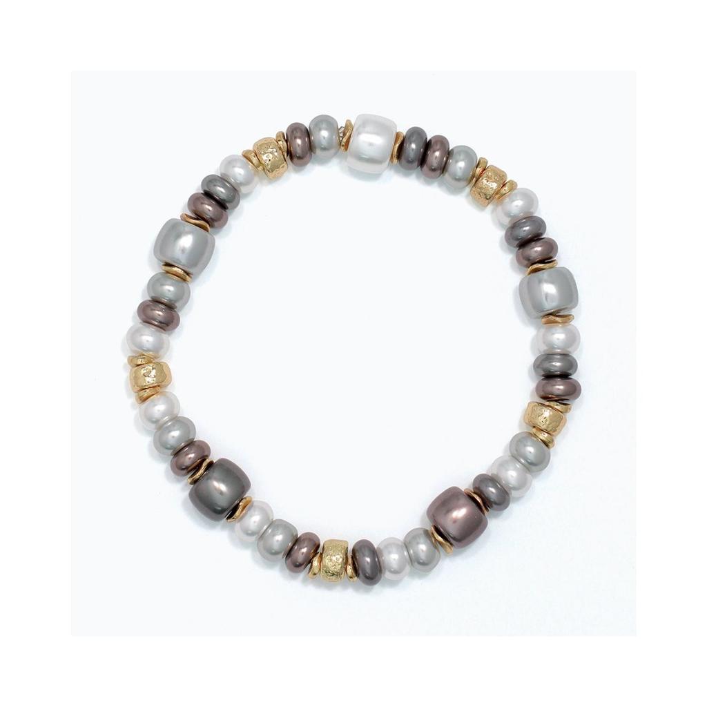 Tri-Color Pearl Stretch Bracelet with Gold Accents
