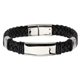 INOX Men's Black Leather & Stainless Steel Bracelet, 8.5"