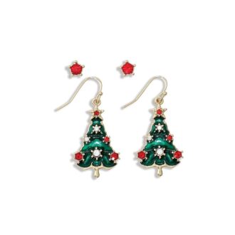 Yellow Christmas Tree & Red Crystal Stud Duo Earrings