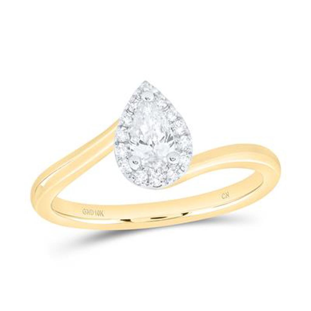 10K Yellow Gold Pear Halo Diamond Bypass Promise Ring