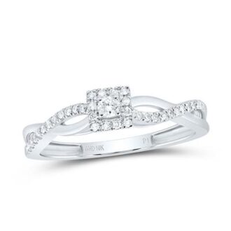 An apealling commitment piece delicately crafted from 10 karat white gold. Featuring intriguing cathedral twist shank design making it stand out. Adorned with a square halo of sparkling diamonds totaling 1/5 carat weight. This elegant promise ring makes a truly meaningful gift. Embodying endurance and strength, it perfectly illustrates your deep connection and commitment.