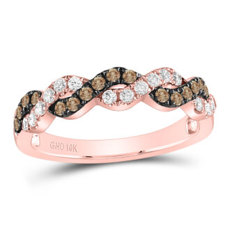 Robust 10 karat gold twisted band with half carat of shimmering diamonds, offering a unique contrast of white and brown hues.