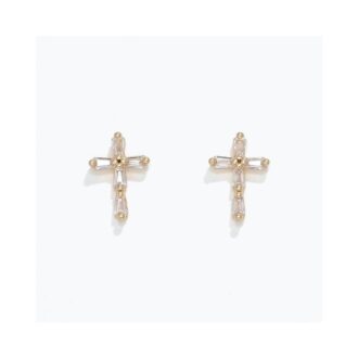 Delicate Yellow Gold Cross Stud Earrings with CZ Accents