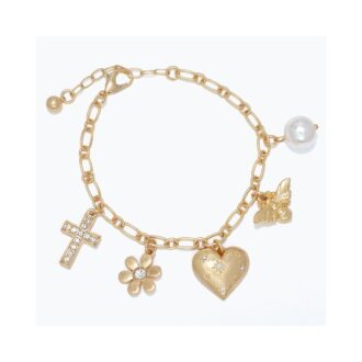 Yellow Open Link Cross Flower Heart Charm Bracelet
