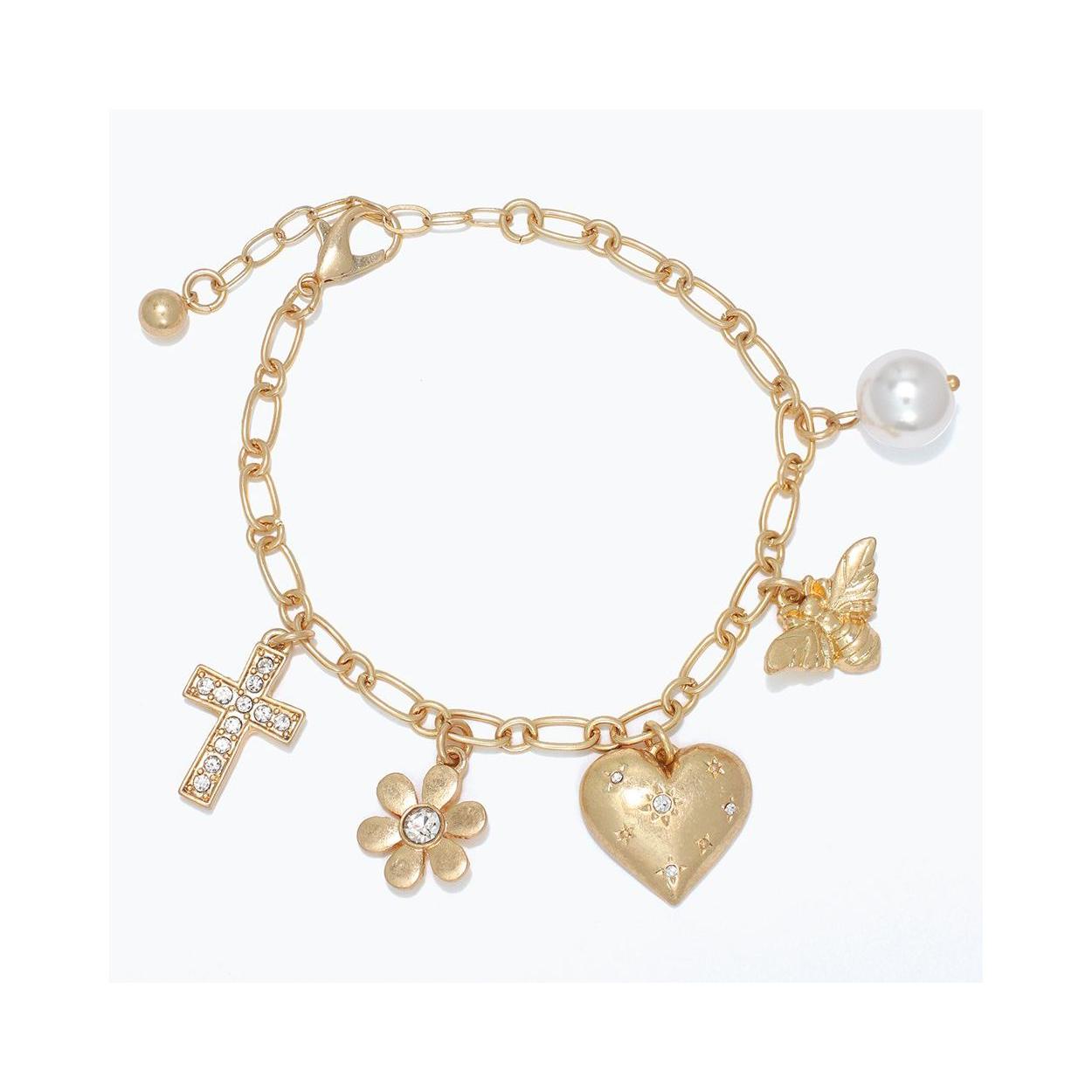 Yellow Open Link Cross Flower Heart Charm Bracelet