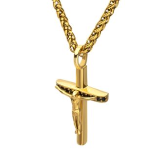 Inox 14K Gold IP Steel Crucifix Pendant with Black Sapphire