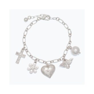 Silver Charm Bracelet (Cross/Heart/Flower/Bee/Pearl)