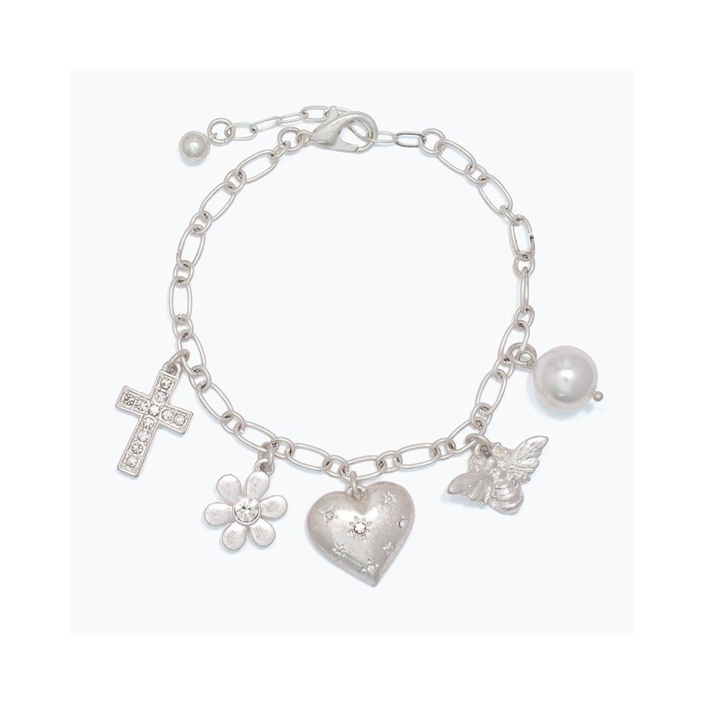 Silver Charm Bracelet (Cross/Heart/Flower/Bee/Pearl)