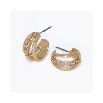 Yellow Gold-Tone Polished & Hammered Triple Row CZ Hoops
