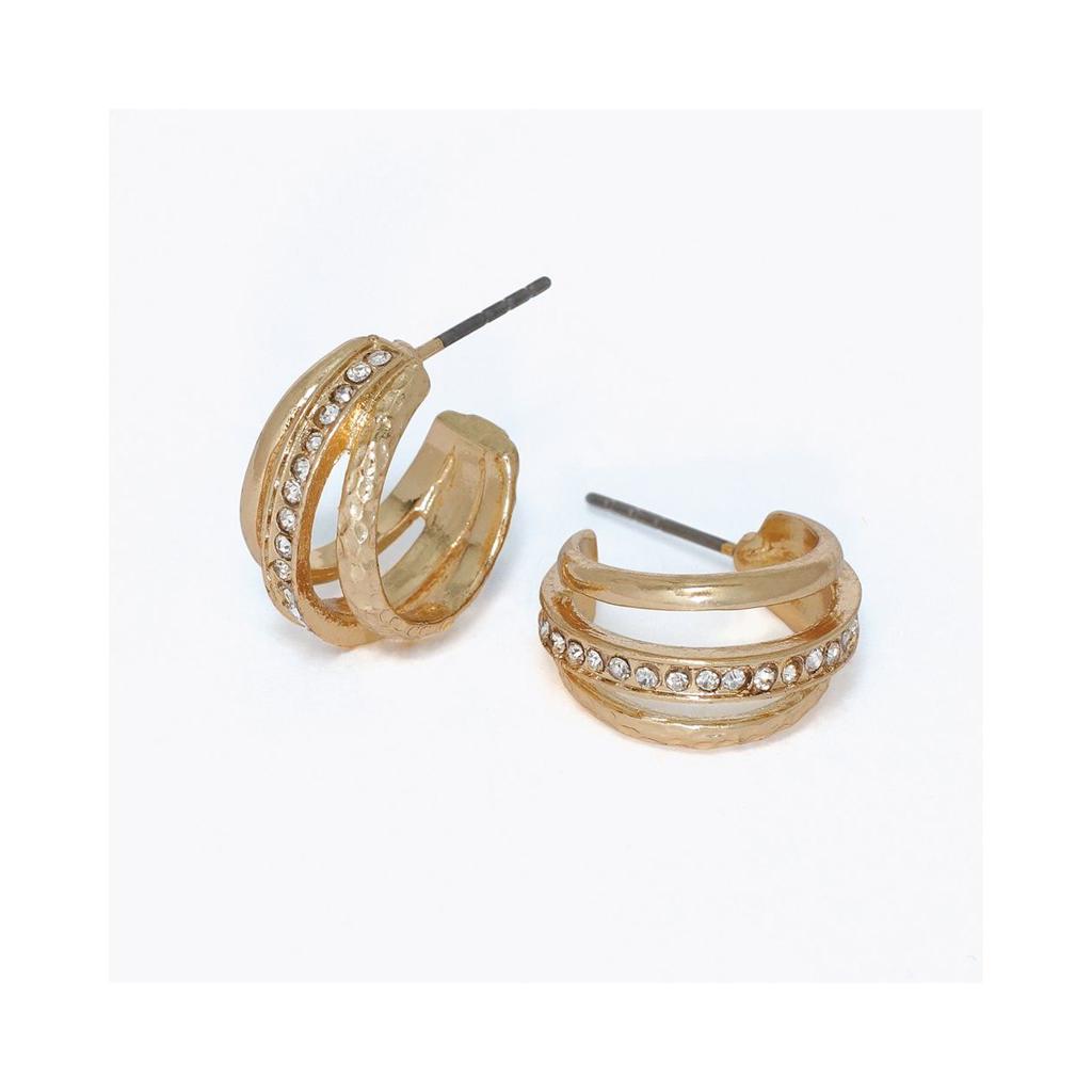 Yellow Gold-Tone Polished & Hammered Triple Row CZ Hoops