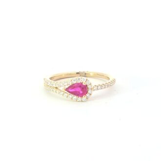 Pear Ruby Ribbon Loop Diamond Ring .29ctw 14k Yellow Gold