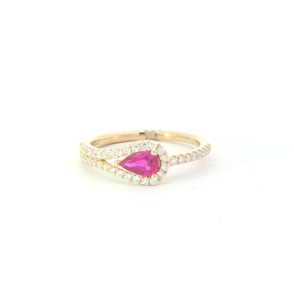 Pear Ruby Ribbon Loop Diamond Ring .29ctw 14k Yellow Gold