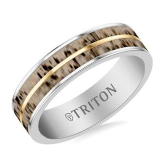 White Tungsten Carbide Band w/ Yellow Inlay & Deer Antler