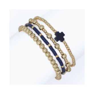Gold/Navy 4-Strand Beaded Cross Stretch Bracelet