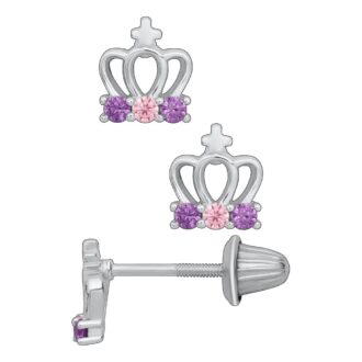 Children's Pink & Purple CZ Crown Studs, Sterling Silver