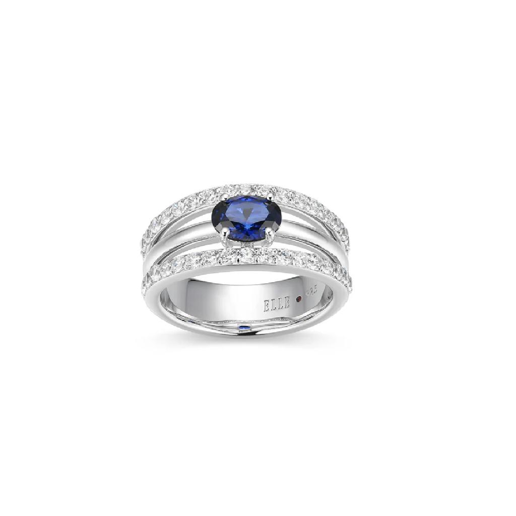 Sterling Silver Three-Row Created Blue Sapphire & CZ Ring, 7