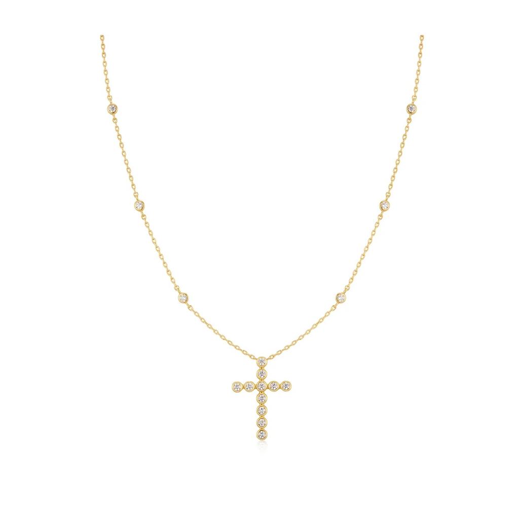 Ania Haie Yellow Gold-Plated Bezel CZ Station Cross Necklace