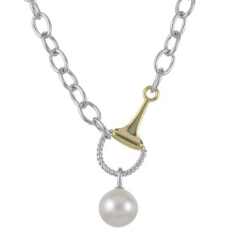 Stylish open link necklace featuring 8.5-9mm freshwater cultured pearls, crafted in sterling silver and titanium, measuring 18 inches long.