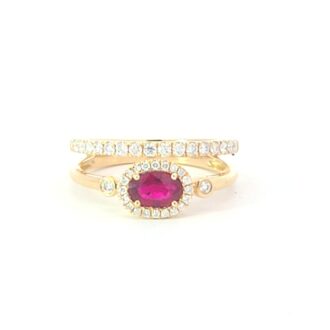 Oval Ruby Halo Double Band Ring with .31ctw Diamonds