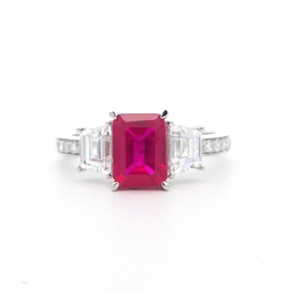 14K White Gold Emerald-Cut Lab-Grown Ruby & Diamond Ring
