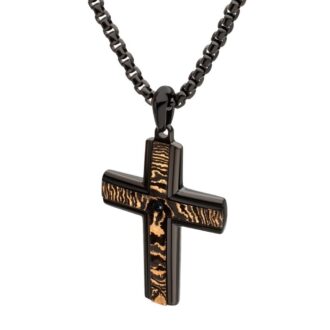 Inox Men's Black IP Cross Necklace with Black Sapphire