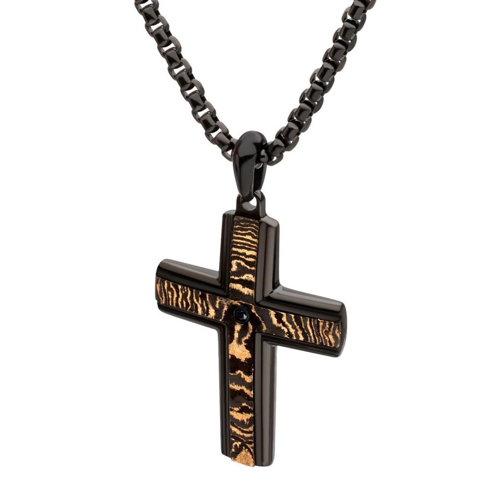 Inox Men's Black IP Cross Necklace with Black Sapphire