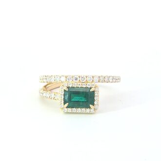 Emerald Diamond Halo Bypass Ring in 14k Yellow Gold, .43ctw