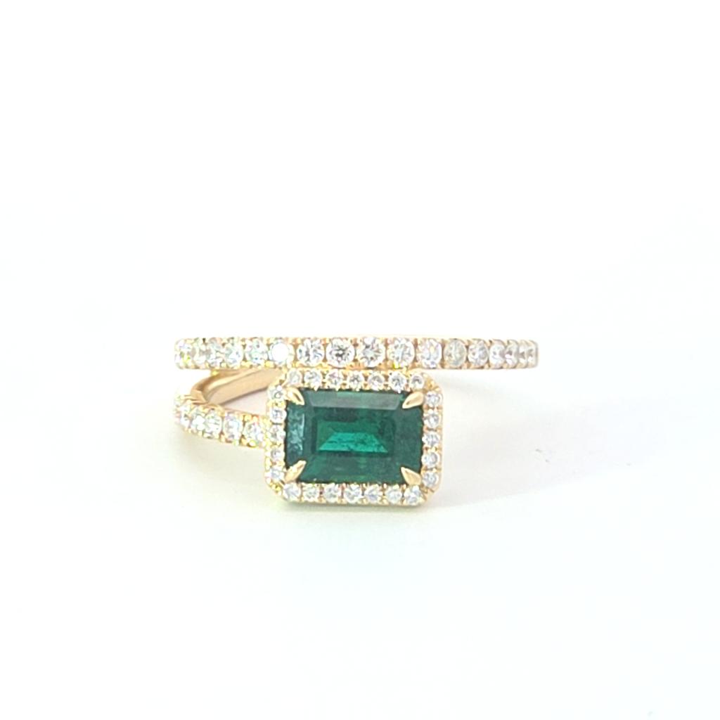Emerald Diamond Halo Bypass Ring in 14k Yellow Gold, .43ctw
