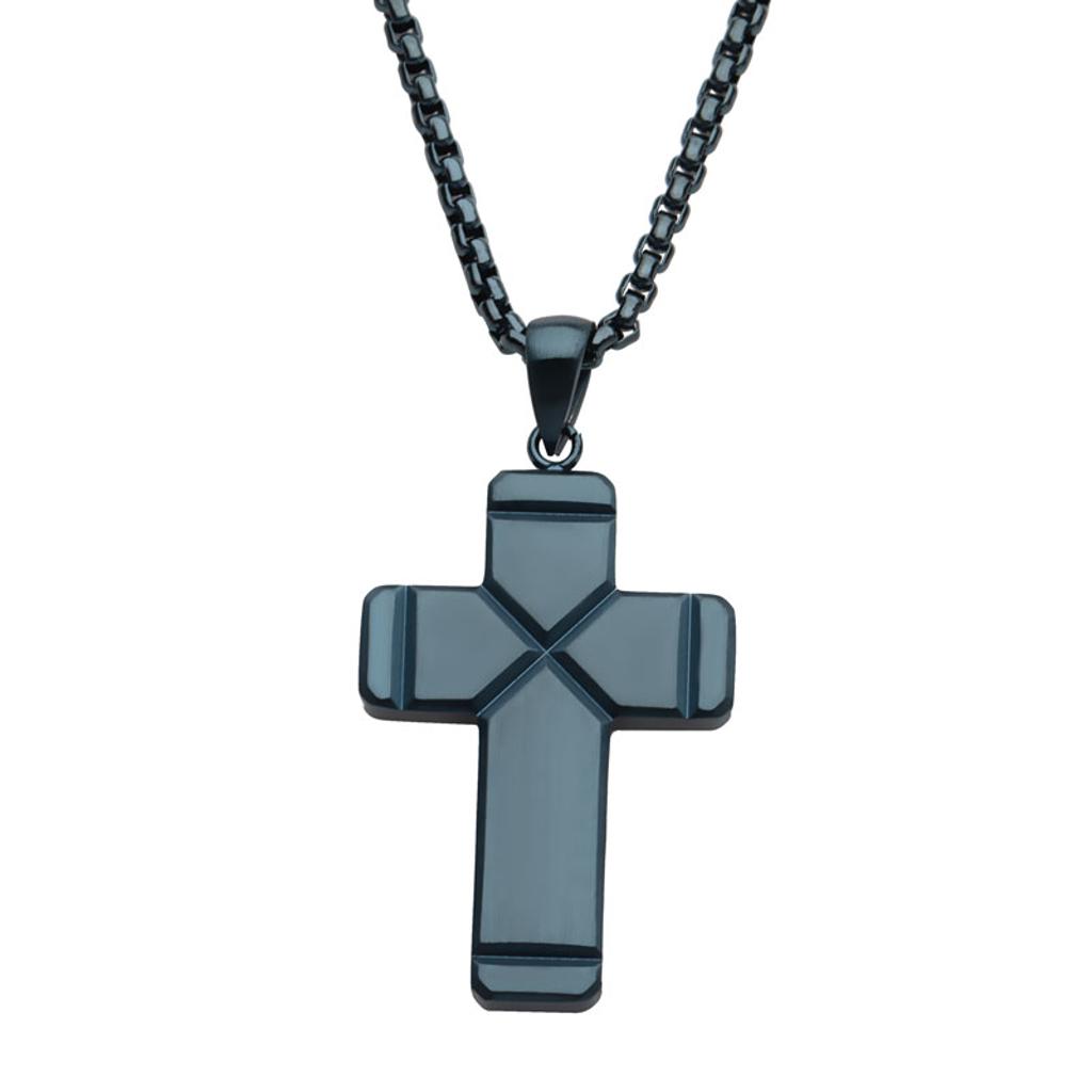 Inox Men's Blue IP Stainless Steel Cross Necklace