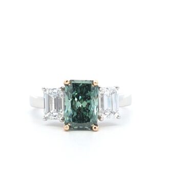 14K Two-Tone Green & White Lab 3.47ctw Radiant 3-Stone Ring