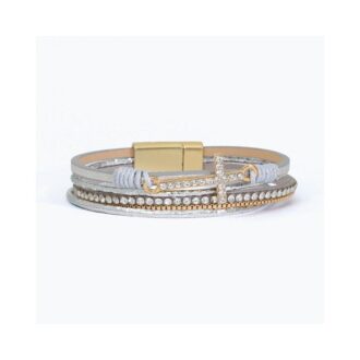 Multi-Strand Gray Cord Bracelet with Yellow Cross, Magnetic