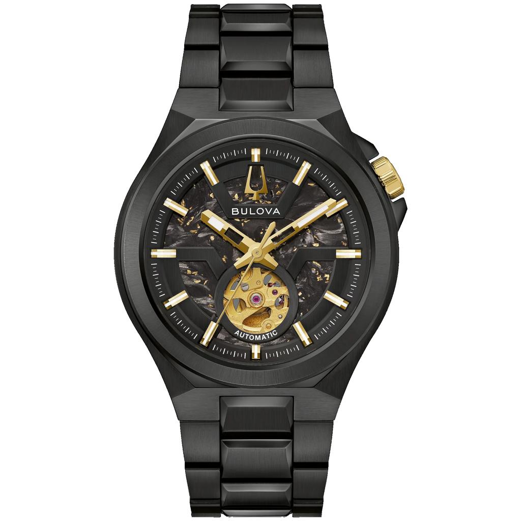 Bulova Maquina Men's Black Dress Watch with Gold Accents