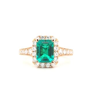 14K Yellow Gold Emerald-Cut Lab Emerald Diamond Halo Ring
