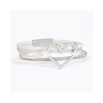 White Cord Magnetic Bracelet with Hammered Silver Heart