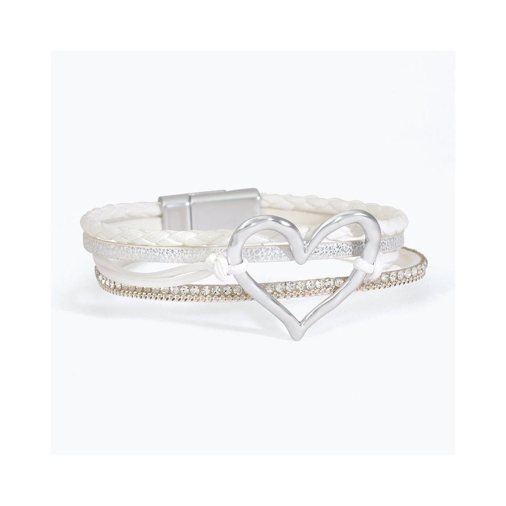White Cord Magnetic Bracelet with Hammered Silver Heart