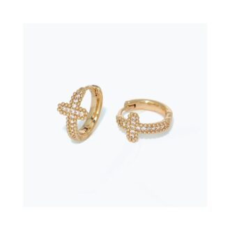 Yellow Gold-Plated CZ Cross Huggie Hoop Earrings