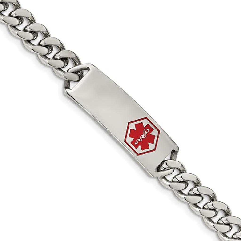 Engravable Stainless Steel Red Medical Alert Bracelet 8in