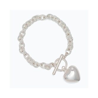 Silver Open Link T-Bar Heart Charm Bracelet