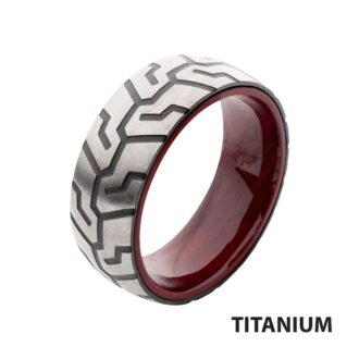 Men's 8mm Tire Tread Wedding Band with Redwood Carbon Fiber