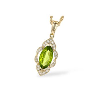 Peridot Drop Pendant .11ctw Diamonds 14k Yellow Gold