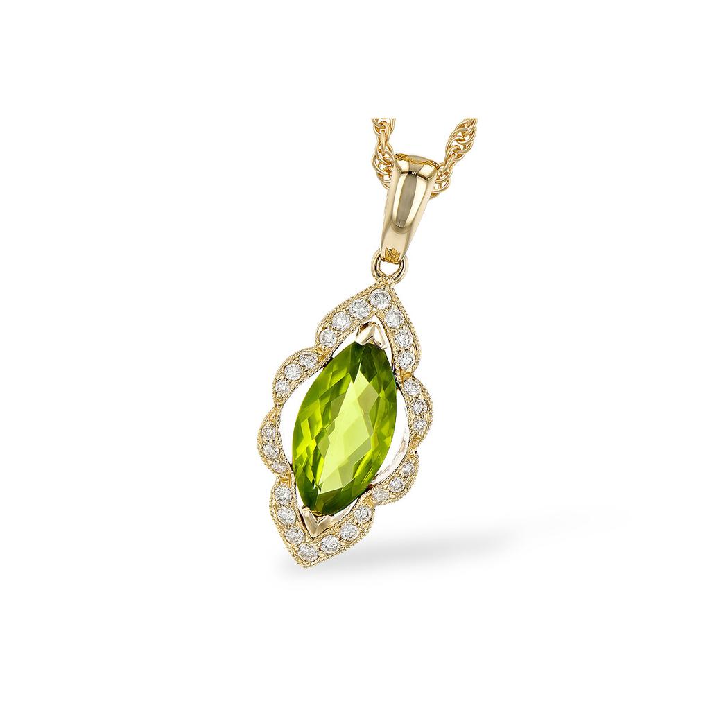 Peridot Drop Pendant .11ctw Diamonds 14k Yellow Gold