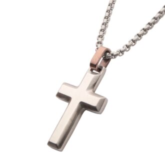 Inox Matte Finish Beveled Cross Pendant with Brown Chain